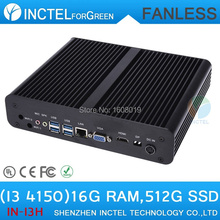 Fanless Mini PCs Computer i3 4150 with Intel Core i3 4150 3.5Ghz HDMI VGA DP Three display 16G RAM 512G SSD Windows Linux