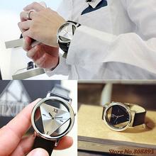 Newly Unisex Charm Glass Hollow Triangle Dial Faux Leather Analog Quartz Wrist Watch 4PXU