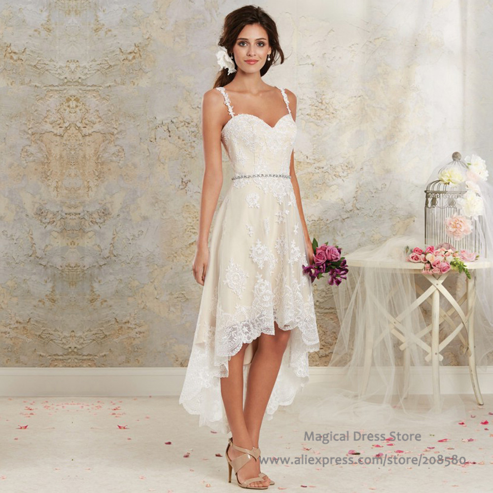 Buy Bohemian High Low Short Wedding Dress 2016 Summer Beads Ivory White Lace 2277