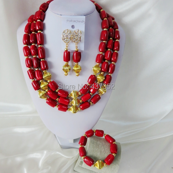 Handmade Nigerian African Wedding Beads Jewelry Set , Red Coral Beads Necklace Bracelet Earrings Set CWS-398