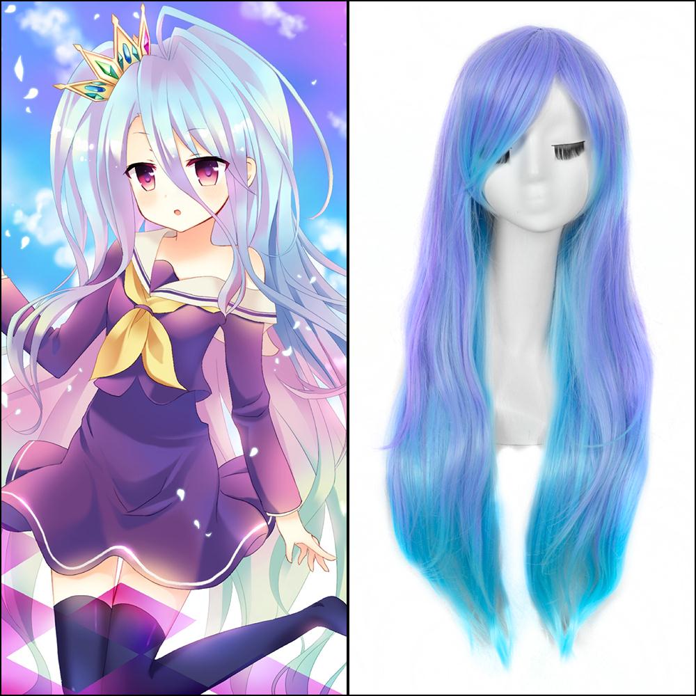 30inches Long Ombre Blue Straight Cheap Heat Resistant Harajuku Anime No Game No Life Shiro Cosplay Adjustable Synthetic Wigs