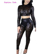 Club Party Ladies Bodycon Jumpsuit 2016 Sexy Rompers for Women Two Piece Outfits Pants Long Sleeve Sexy Black Sequin Jumpsuit