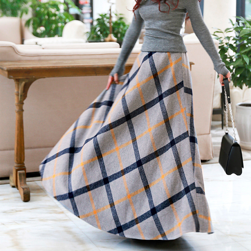 European Style Women Maxi Skirt Fashion Winter Long Skirt Thick Plush Wool Plaid Skirts Saia Faldas Women's Woolen Skirt C1783