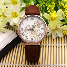 New Men Women Vintage Tree Pattern Leather Strap Watch World Map Surface Roma Number Copper Alloy Quartz Watch Analog Clock Hour