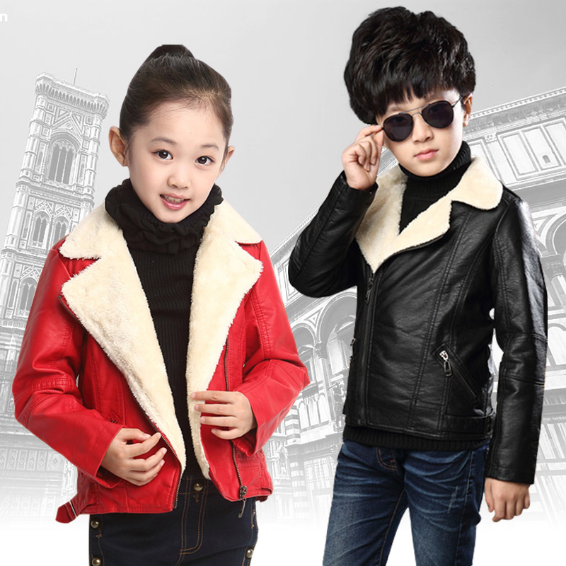 Children's clothing outerwear autumn and winter leather clothing child outerwear male child plus velvet thickening female child
