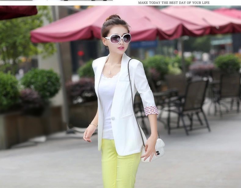 2015 New Women\'s Blue Blazer Summer Office Wear Purple Suit Sexy V-neck Color Patterns Stitching Sleeve Casual Blazer 6 Color 12