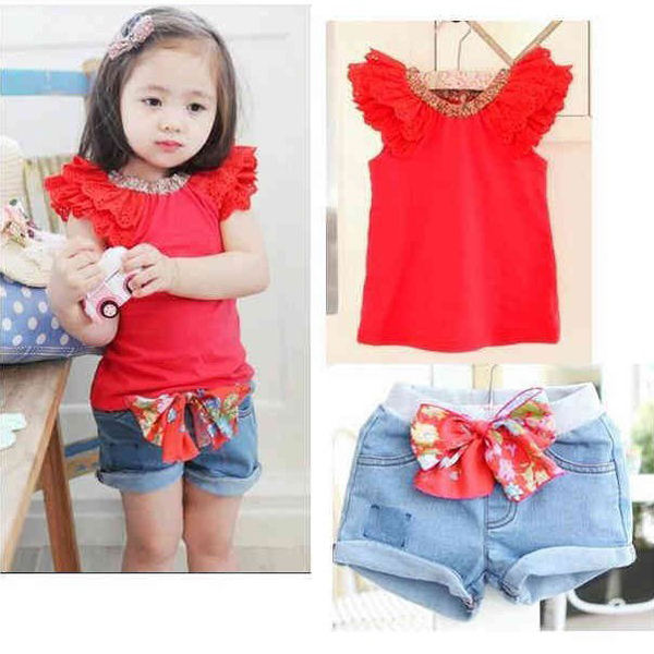 Hot 2 Colors Girls Kids Ruffled Sleeves T shirt Bow knot Jeans Pants 1 6Y 2