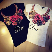 Angeliat 2015 t shirt women color flower pendant necklace new pattern printed O-neck black white S M L