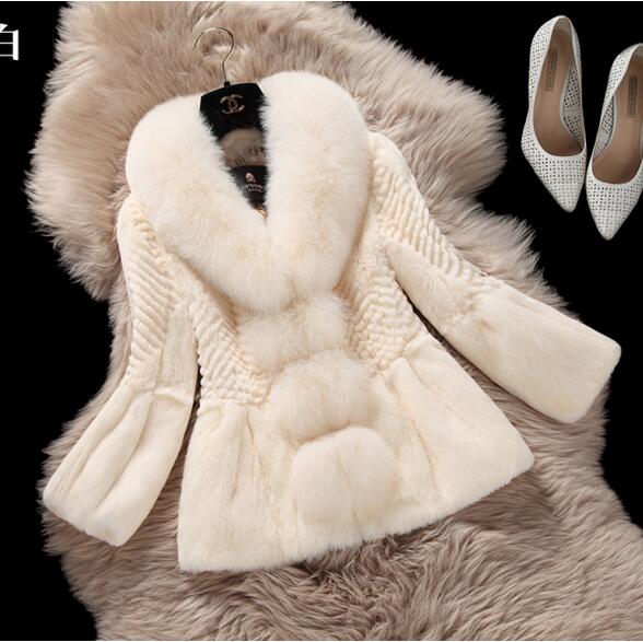 NEW Fashion Women WINTER  LUXURY Natural Rabbit Fur Coat Big Fox Fur Collar Women Rex Rabbit Fur Jacket Coat Genuine Fur Coat