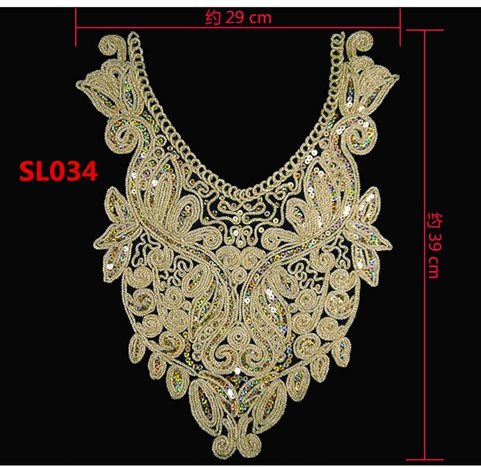 Description Picture 5 of item1pcs Gold collar Silver Craft Venise Sequins Floral Embroidered Applique Trim Decorated Lace Neckline Collars Sewing Accessories