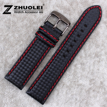 18mm 20mm 22mm 24mm Mens Black Waterproof Red Stitching Carbon Fiber With Genuine Leather inner Watch Band Strap