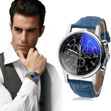 HOT! New Design men Watches Blue Ray Glass Faux Leather Analog Quartz Men Casual Hours Wrist Watch