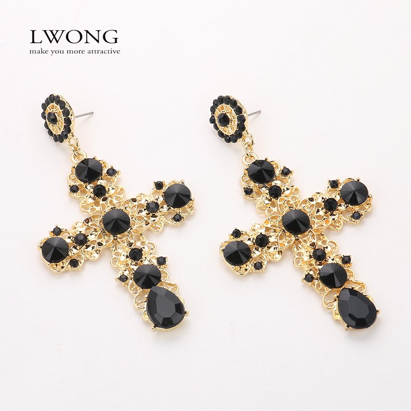 Baroque Vintage Style Earrings Gold Drop Black Diamante Large Cross Women Gift 