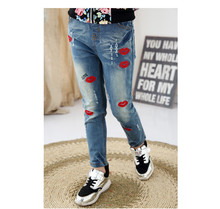 Spring Autumn Style Fashion Girls Jeans Elastic Waist Cute Lips Embroidery Casual Girls Trousers Distressed Girls Pant C51021432