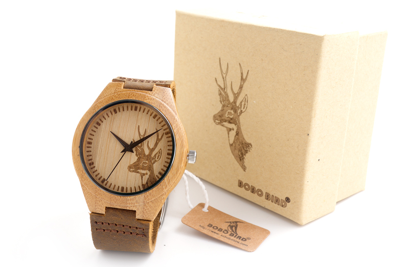 Fashion New Genuine Cowhide Leather Band Lovers Luxury men Watches men Wood Bamboo Wristwatch with deer