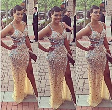 Sparkly Sexy Mermaid Sweetheart Open Back Women Party Gown Long Champagne Prom Dresses 2015 With Crystal Side Slit Vestido Festa