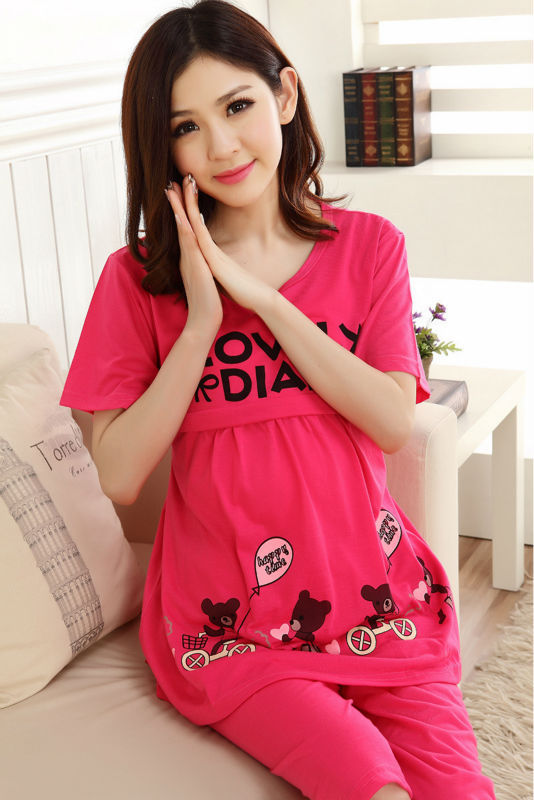 Cute bears Red Summer Pregnant woman pajamas nightwear clothing for pregnancy Puerpera breastfeeding clothes set maternal top 11