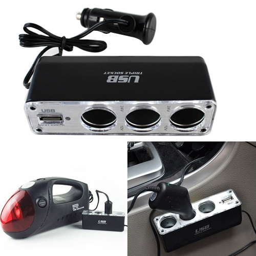 12V 3 Way Car Cigarette Lighter Power Spliter Sockets USB DC Adapter Charger 4J8H