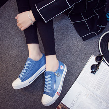 2016 Spring Women Casual Shoes Washed Denim Canvas Shoes Solid Color Zip Wear High Quality Girls’ Shoes Flat Shoes Size 35-40