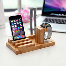 Natural Bamboo Wood Tablet Stand 4 USB Charging Phone Holder for Apple iPad IPhone Samsung HTC Smart Watch Multifunction Bracket