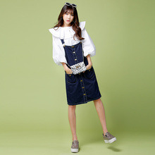 2016 Summer Women Denim Skirt Overall Ladies Loose Pocket Blue Jean Skirt Casual Skirt With Buttons Slim Skirt For Female 8985