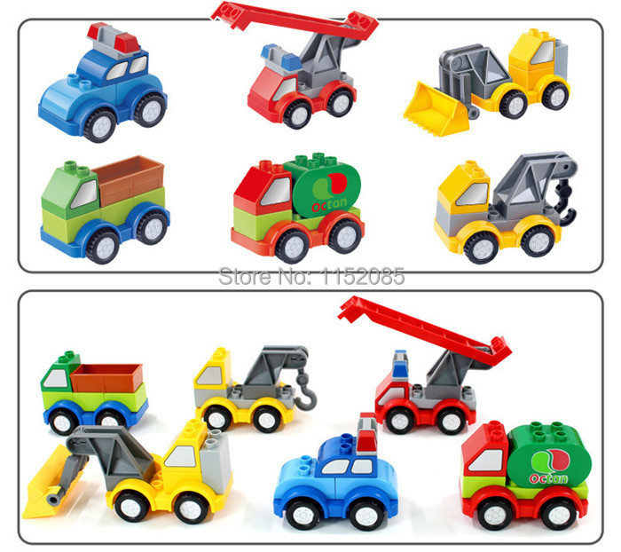 With Color Box! 6 Kinds of Cars Blocks Toys Big Building Bricks Engineering Fire Rescue Police Car Compatible with Lego Duplo