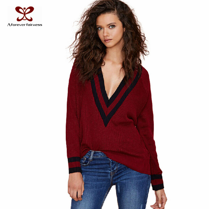 New Arrivals Women Casual Sweater Ribbed Deep V Ne...
