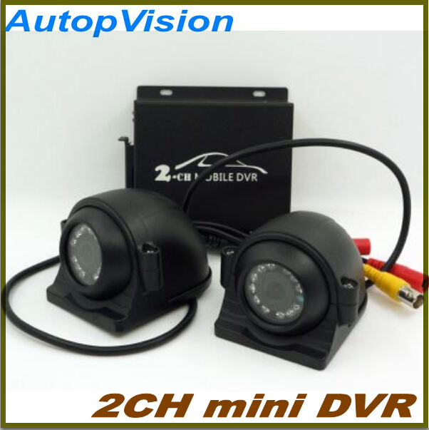 Mini 10v-32v CCTV 2 Channel Mobile Taxi Bus Vehicle Security DVR Motion Detect 2Ch Audio I/O Alarm Realtime with 2pcs camera
