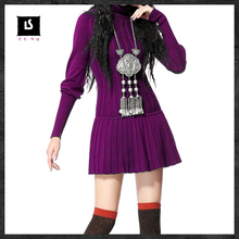 KEERQW Autumn Winter Vintage Elegant Turtleneck Lantern Sleeve Pleated Drawstring Waist Slim Thick Warm Knitting Sweater Dress