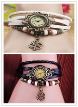 Envío libre – la mejor calidad de cuero Vintage relojes de pulsera reloj pulsera ala lucky una clover Pandent reloj Retro