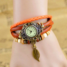 Best Selling Women Leather Bracelet Watch Women Dress Watches leaf Pendant Vintage Quartz Analog WristWatch No.1