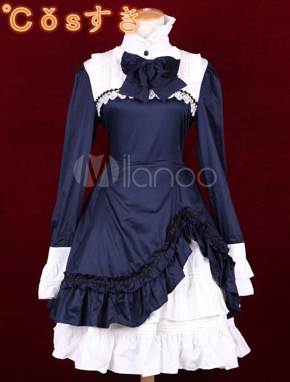 Free shipping! Newest! High - quality! White Navy Blue Cotton Stand Collar Long Sleeves Classic Lolita Dress