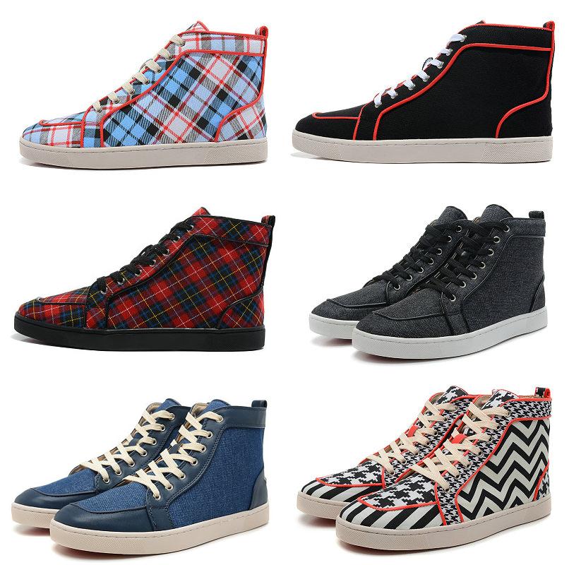 Blue Black Red Printing Plaid Canvas Men Red Bottom Shoes gold ...