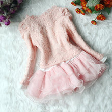 hot sale Autumn winter thunder silk long sleeve girls children suit flower princess dresses beige pink