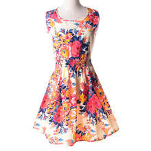 AliExpress |Nueva marca 2015 mujeres del verano vestido Casual vestido sin mangas de impresión de la gasa de la raya de la impresión floral elástico de la cintura de bohemia vestidos para la playa