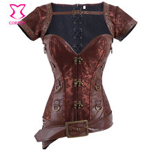 Brown Brocade & Rivet Leather Bustier with Jacket & Belt Gothic Clothing Steampunk Corset 6XL Waist Training Corsets Steel Boned