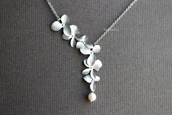 Orchid flower and pearl charm necklace in silver, Bridesmaid gift, Everyday necklace, Wedding necklace.jpg