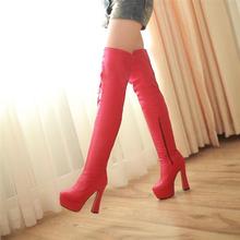 Boots PU Thick heel knee-length red wedding bridal shoes 40 41 42 43 small yards high heel 13CM Platform 4.5CM EUR Size 33-43