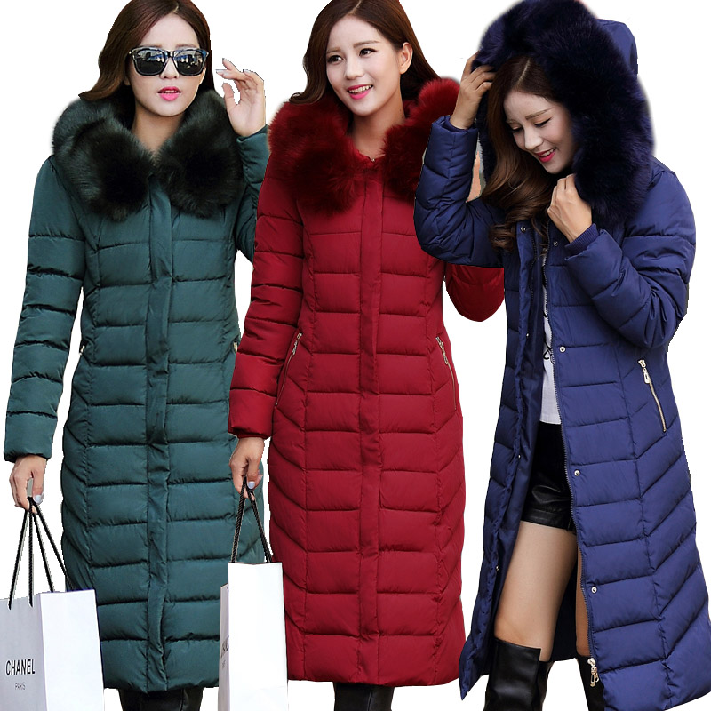 2015 Winter Jacket Women Fur collar Ultra Long Down Cotton-padded Jacket Female Thickening Plus Size Slim Women Coats Parka 016