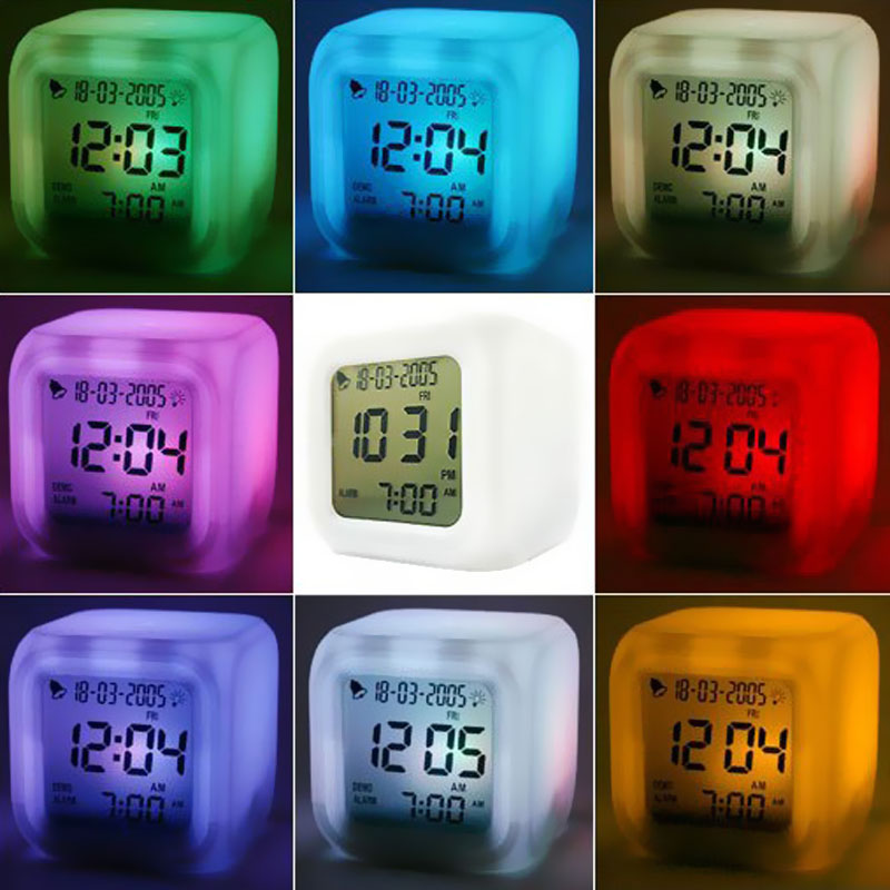 LED 7 Color Glowing Change Digital Glowing Alarm Thermometer Clock Cube