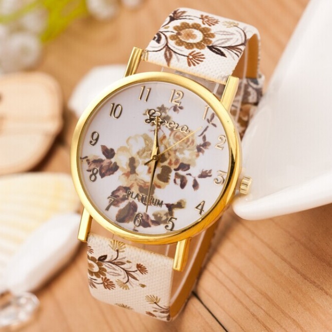 Hot Sale Flower Printed Watch Women New Brand Geneva Wristwatches Ladies Leather Strap Fashion Casual Watch