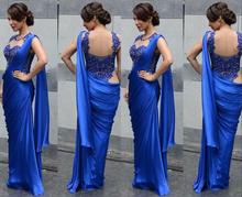 2016 Sexy Royal Blue Long Mermaid Evening Dresses O Neck Floor Length Backless Vestidos De Pleats Chiffon Prom Party Gowns EV78