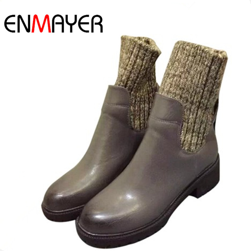 Фотография ENMAYER Knitting Full Grain Leather women boots new Round Toe Med Winter  fashion casual Martin bootsshoes Black gray motorcycle