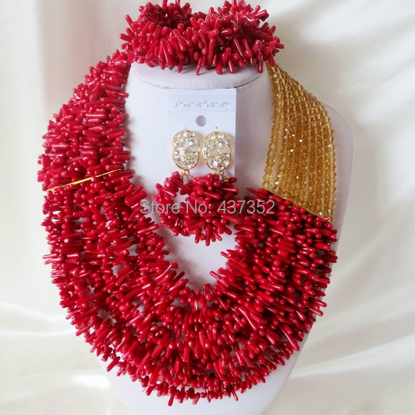Handmade Nigerian African Wedding Beads Jewelry Set , Champagne Gold Crystal Coral Beads Necklace Bracelet Earrings Set CWS-401