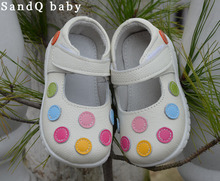 2012 100% baby soft leather shoes kids white mary jane with multicolored polka dots wholesale retail free shipping