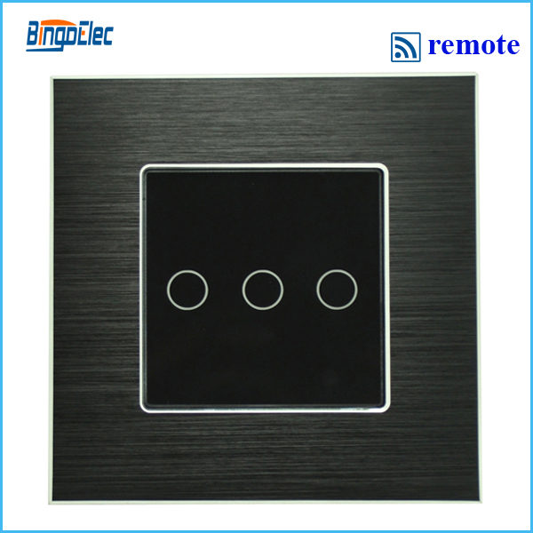 3gang remote touch switch with remote function black aluminum and glass panel switch EU UK type