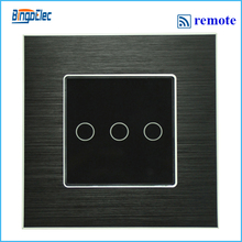 3gang remote touch switch with remote function black aluminum and glass panel switch EU UK type