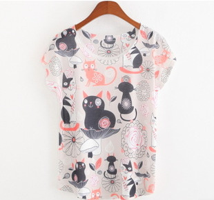 2015 New Fashion Vintage Spring Summer T Shirt Women Clothing Tops Blouse Flower cat Print T