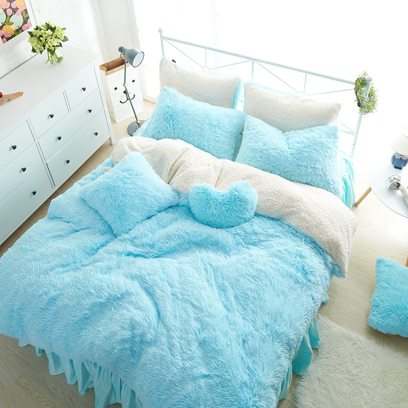 White Blue Princess Girls Bedding Set Thick Fleece Warm Winter Bed
