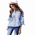 New Summer Striped Blouse Shirt Women Korean Casual Light Blue V Neck Half Sleeve Cheap Clothes